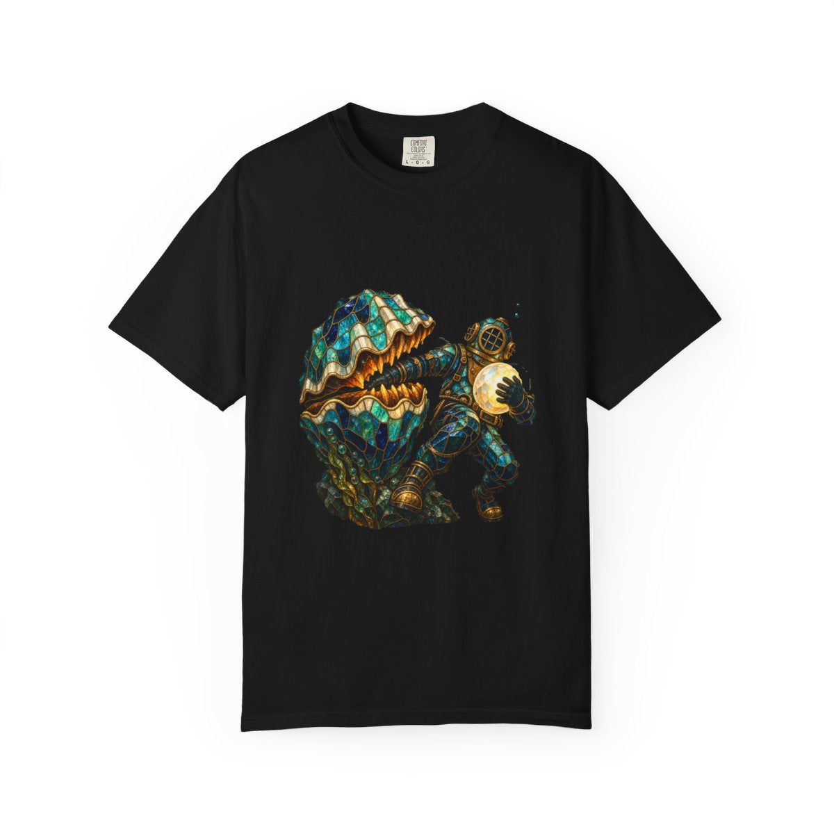 Closing Clam Tee large front print on a Black Comfort Colors 1717 tee