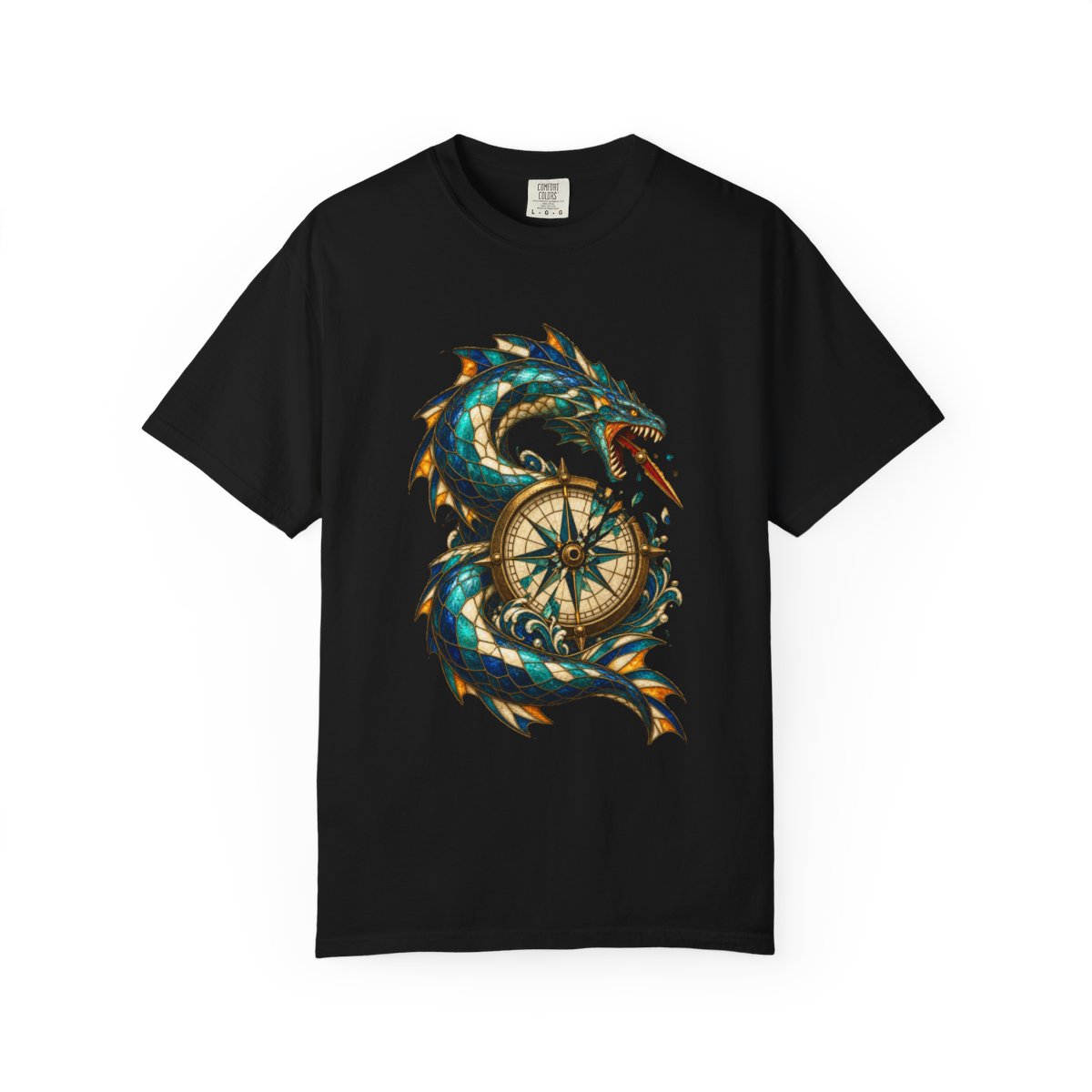 Compass Serpent Tee large front print on a Black Comfort Colors 1717 tee