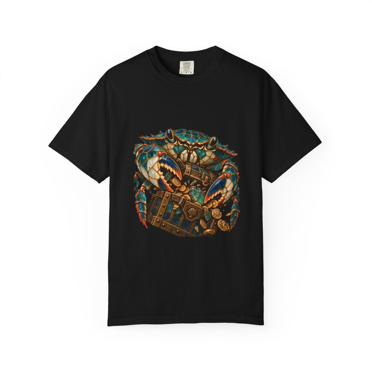 Crab Heist Tee large front print on a Black Comfort Colors 1717 tee