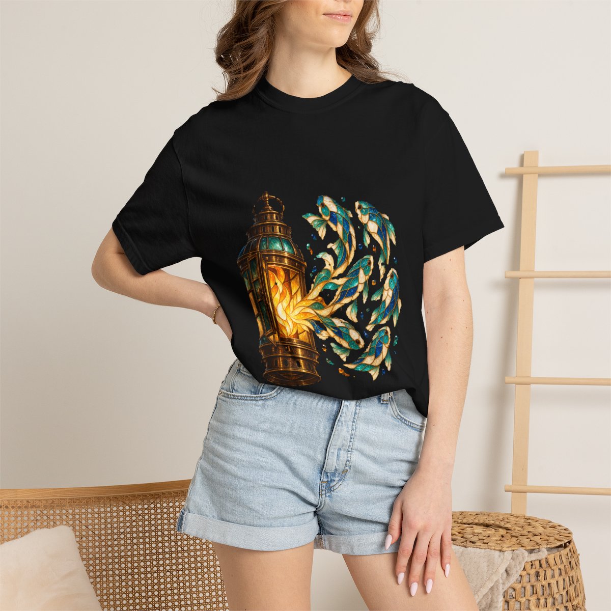 Lantern Release Tee worn Printify context view on a Black Comfort Colors 1717 tee