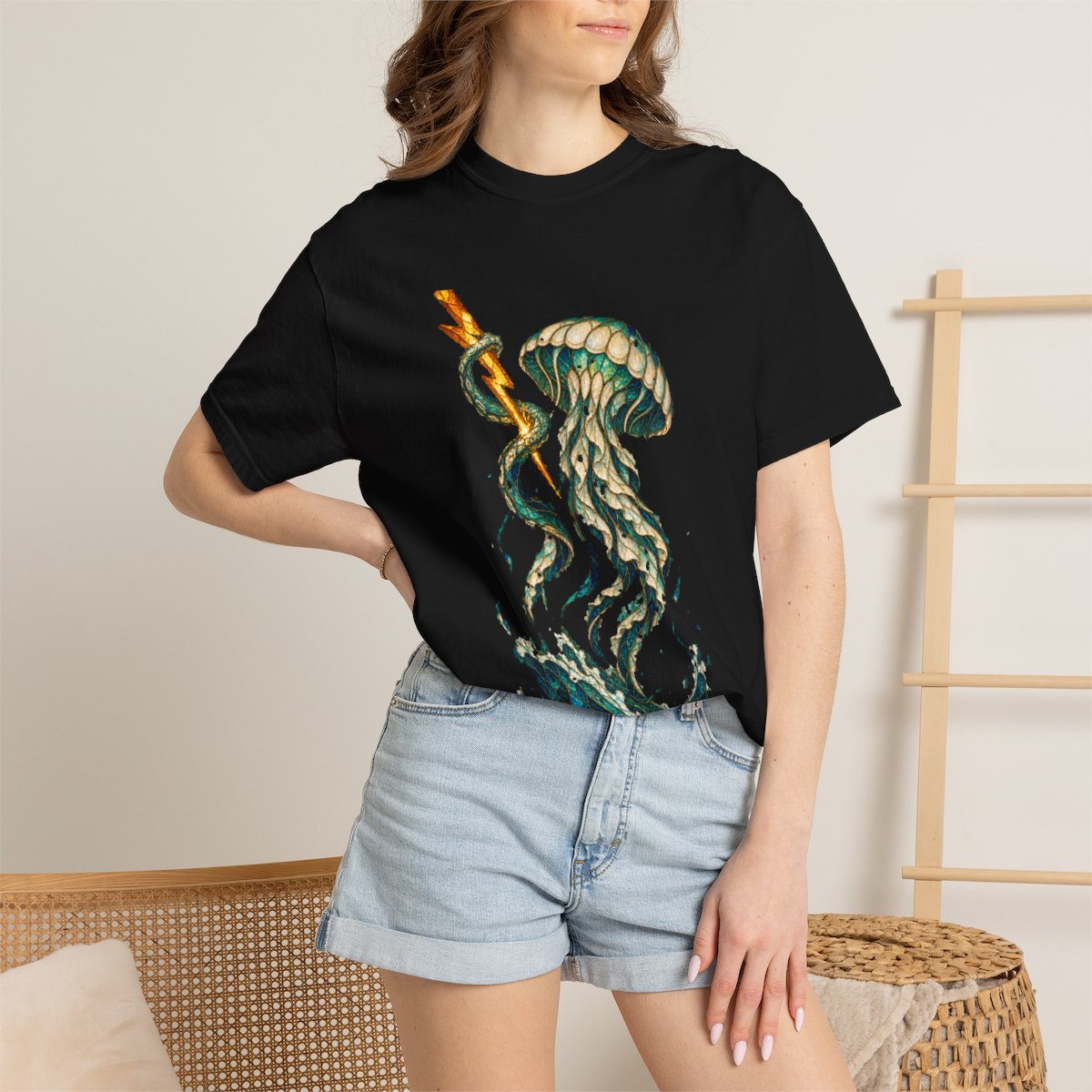 Storm Jelly Tee worn Printify context view on a Black Comfort Colors 1717 tee