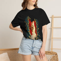 Door in Stone Tee worn Printify context view on a Black Comfort Colors 1717 tee