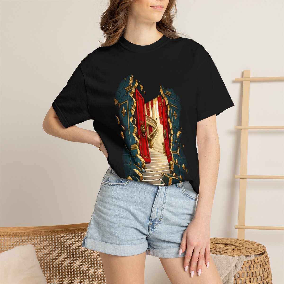 Door in Stone Tee worn Printify context view on a Black Comfort Colors 1717 tee