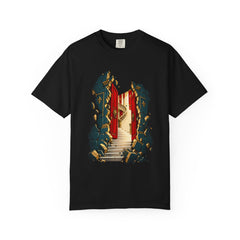 Door in Stone Tee large front print on a Black Comfort Colors 1717 tee