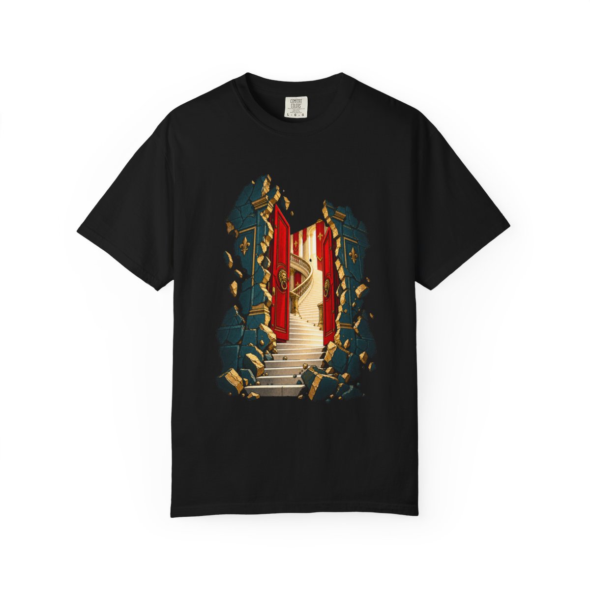 Door in Stone Tee large front print on a Black Comfort Colors 1717 tee
