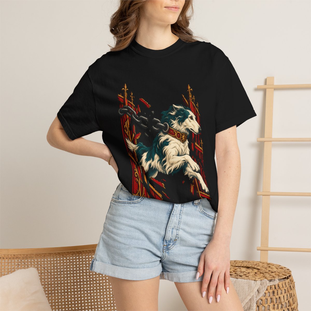 Hound Unchained Tee worn Printify context view on a Black Comfort Colors 1717 tee