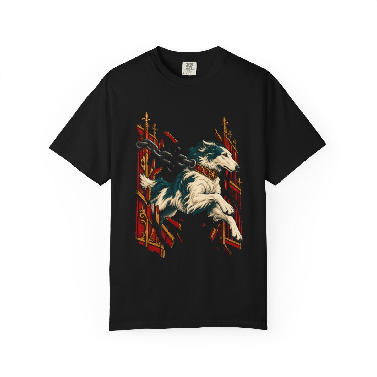 Hound Unchained Tee large front print on a Black Comfort Colors 1717 tee
