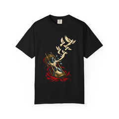 Hourglass Birds Tee large front print on a Black Comfort Colors 1717 tee