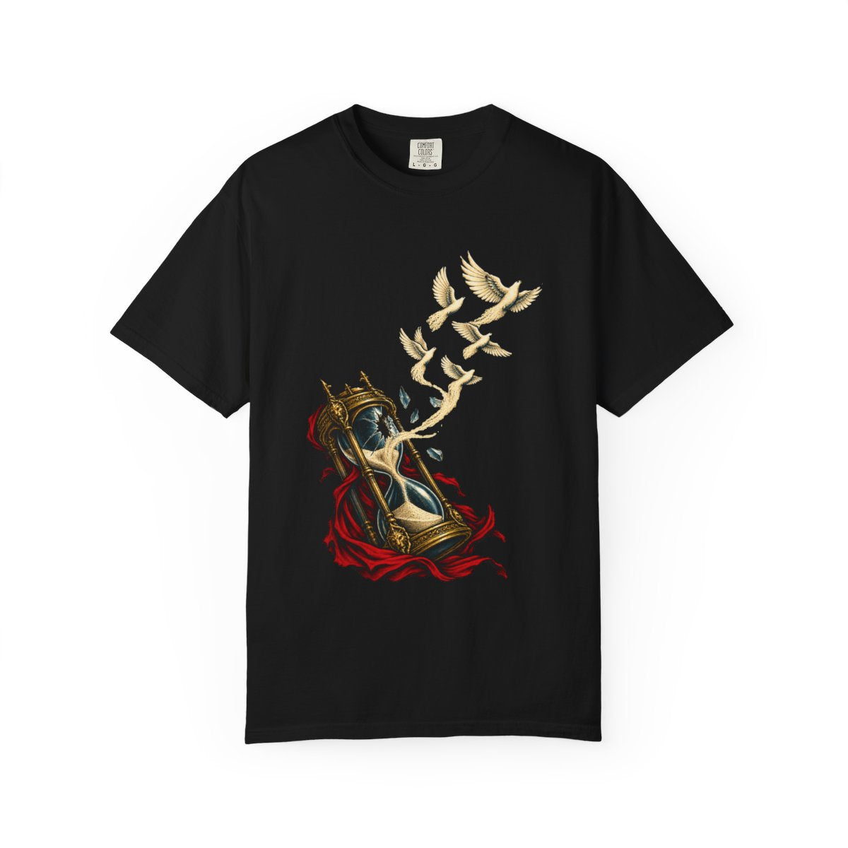Hourglass Birds Tee large front print on a Black Comfort Colors 1717 tee