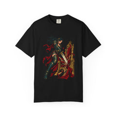 Throne Strike Tee large front print on a Black Comfort Colors 1717 tee