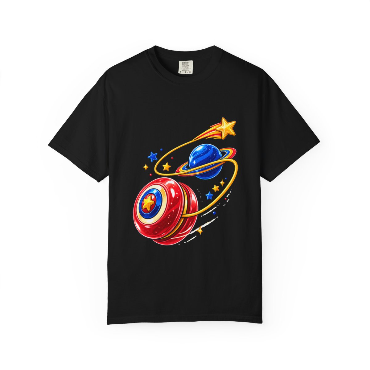 Comet Yo-Yo Tee large front print on a Black Comfort Colors 1717 tee