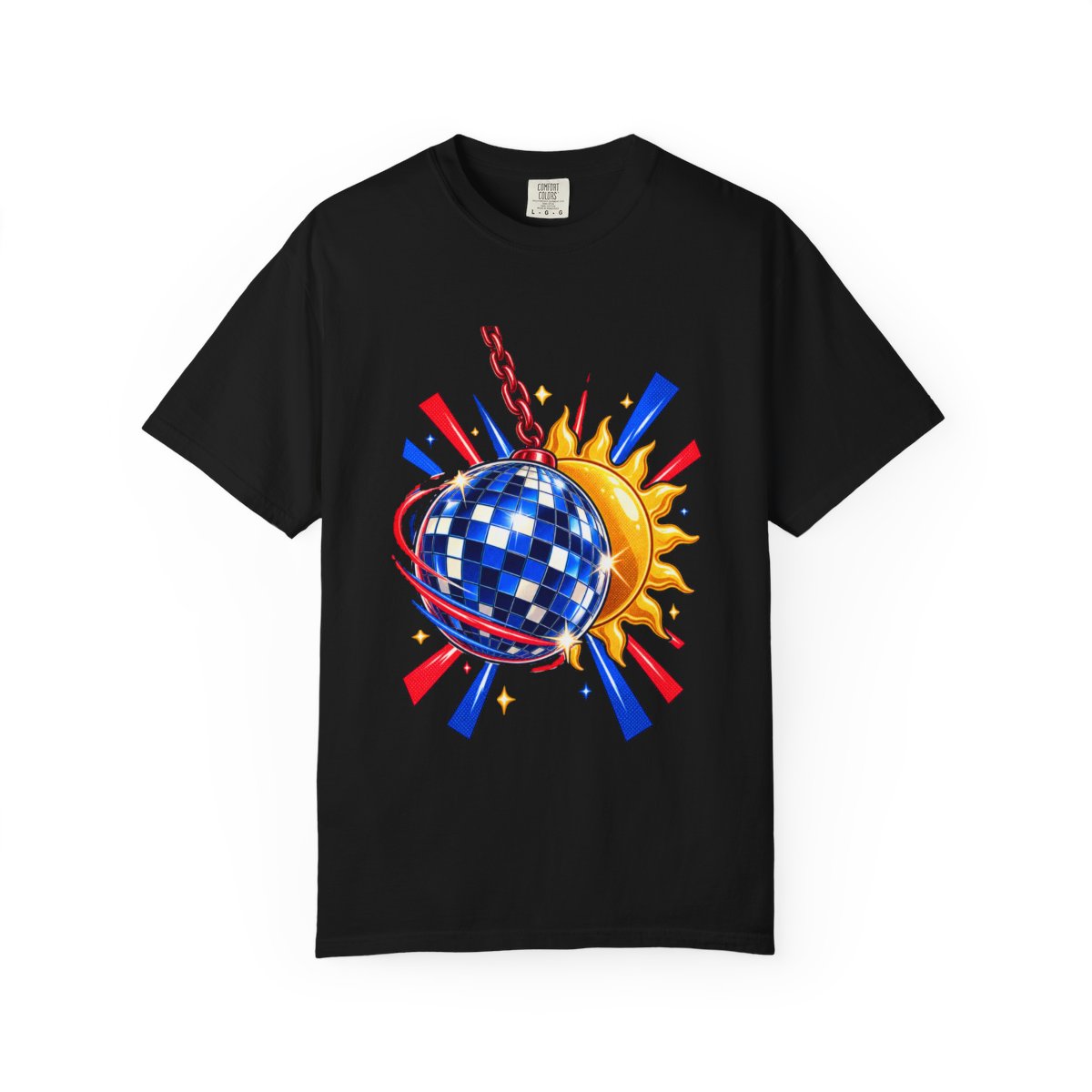 Disco Eclipse Tee large front print on a Black Comfort Colors 1717 tee