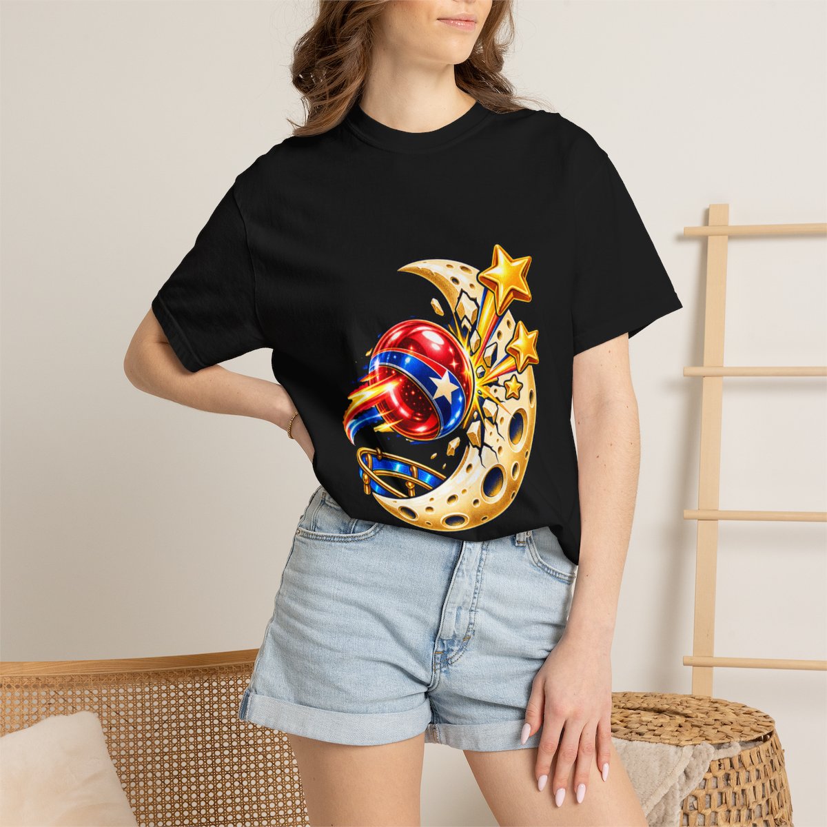 Moon Pinball Tee worn Printify context view on a Black Comfort Colors 1717 tee