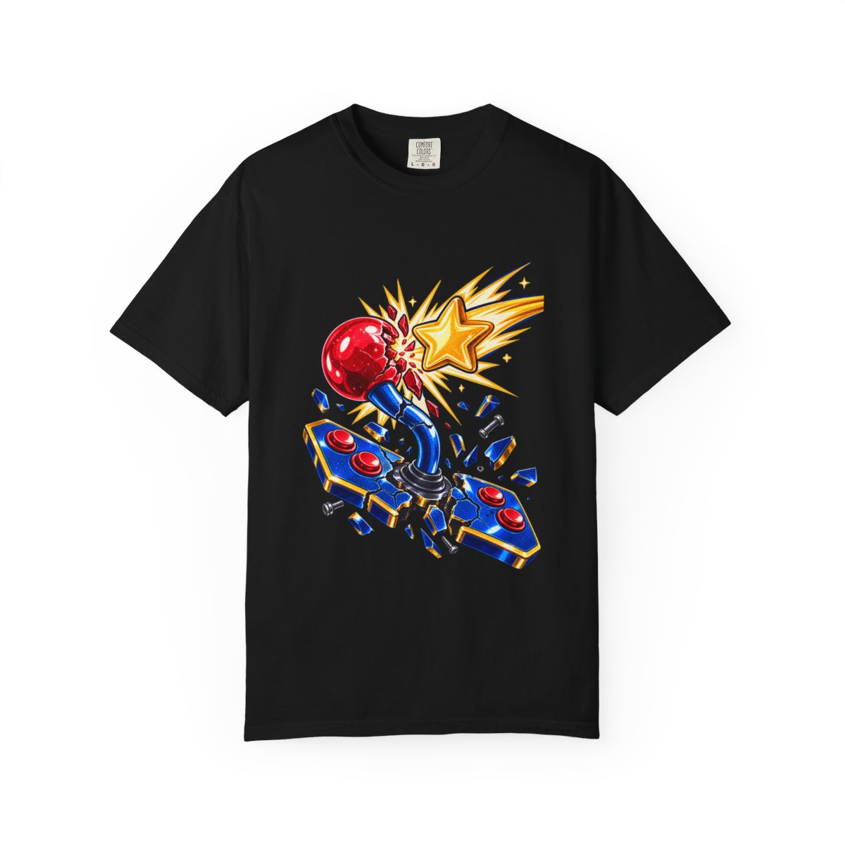 Starburst Joystick Tee large front print on a Black Comfort Colors 1717 tee