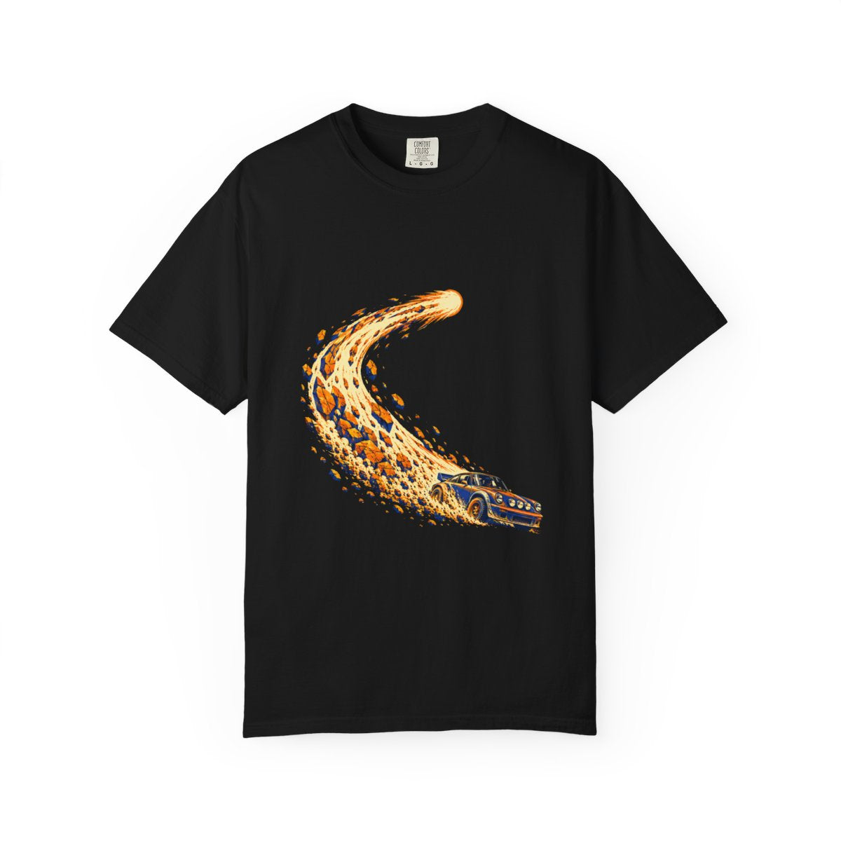 Dust Comet Tee large front print on a Black Comfort Colors 1717 tee