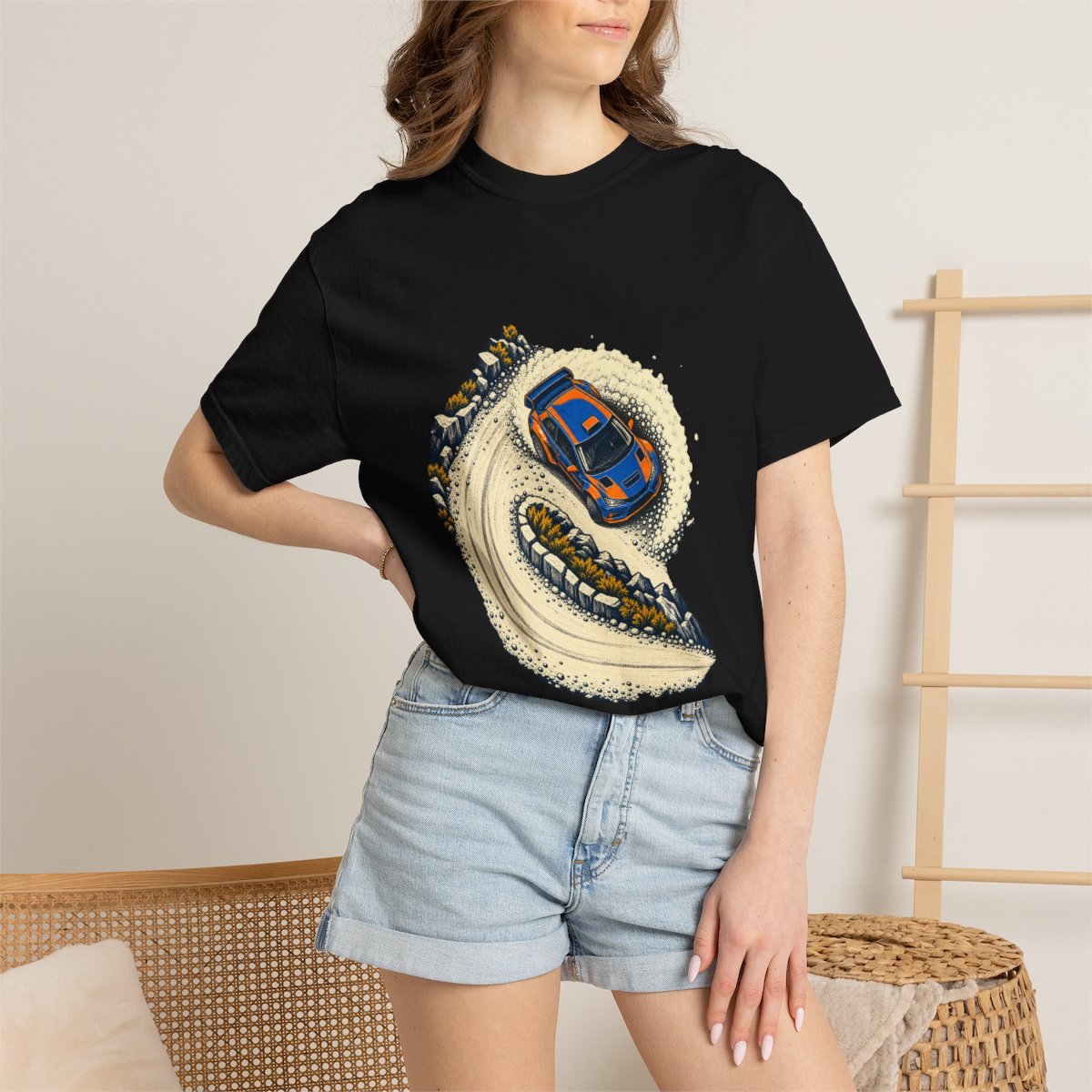 Hairpin Drift Tee worn Printify context view on a Black Comfort Colors 1717 tee