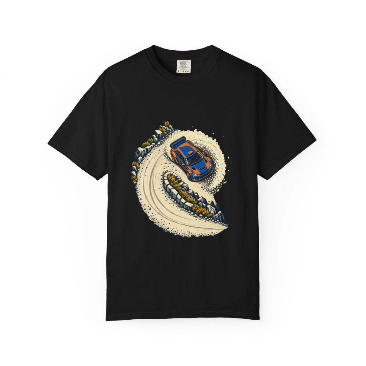 Hairpin Drift Tee large front print on a Black Comfort Colors 1717 tee