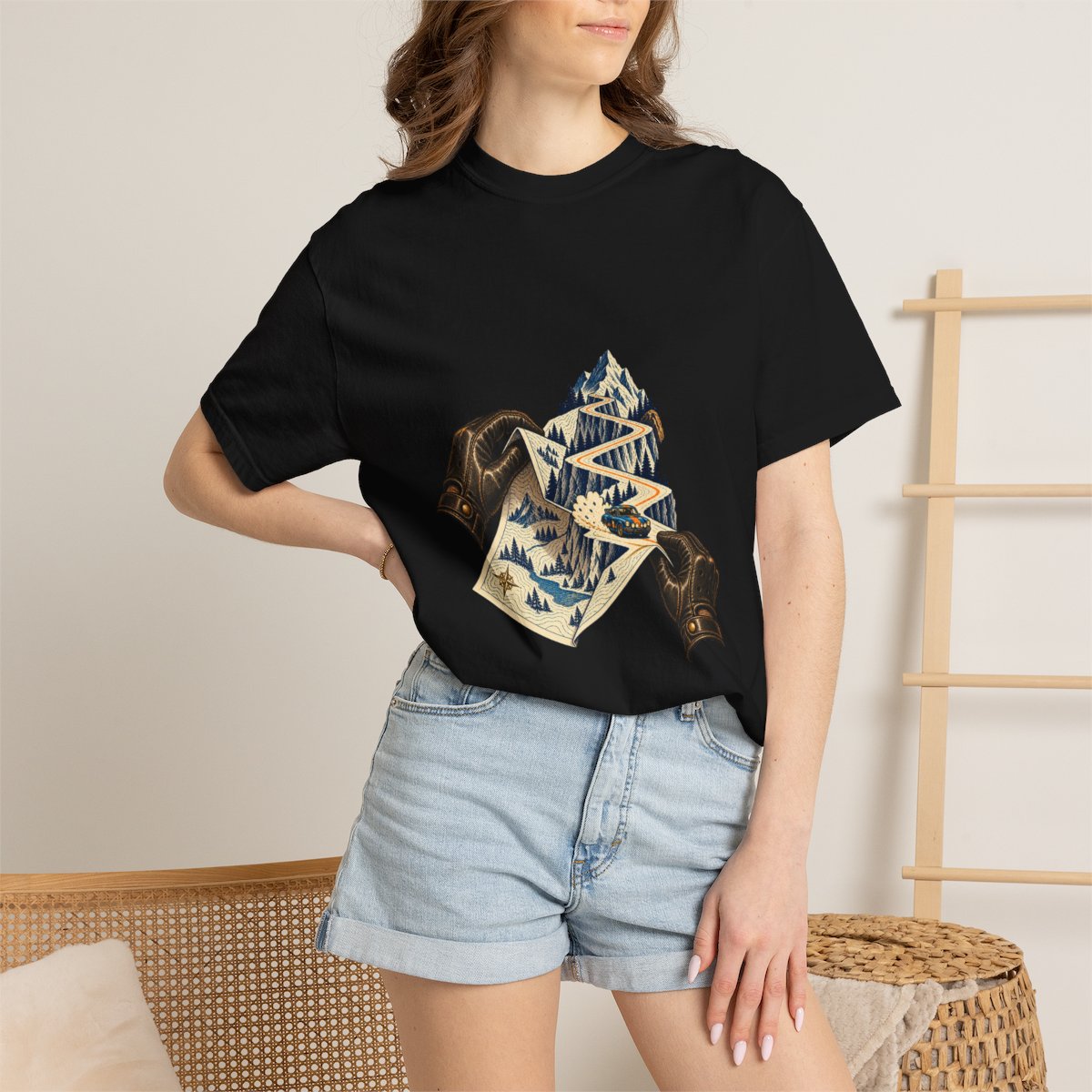 Navigator Tee worn Printify context view on a Black Comfort Colors 1717 tee
