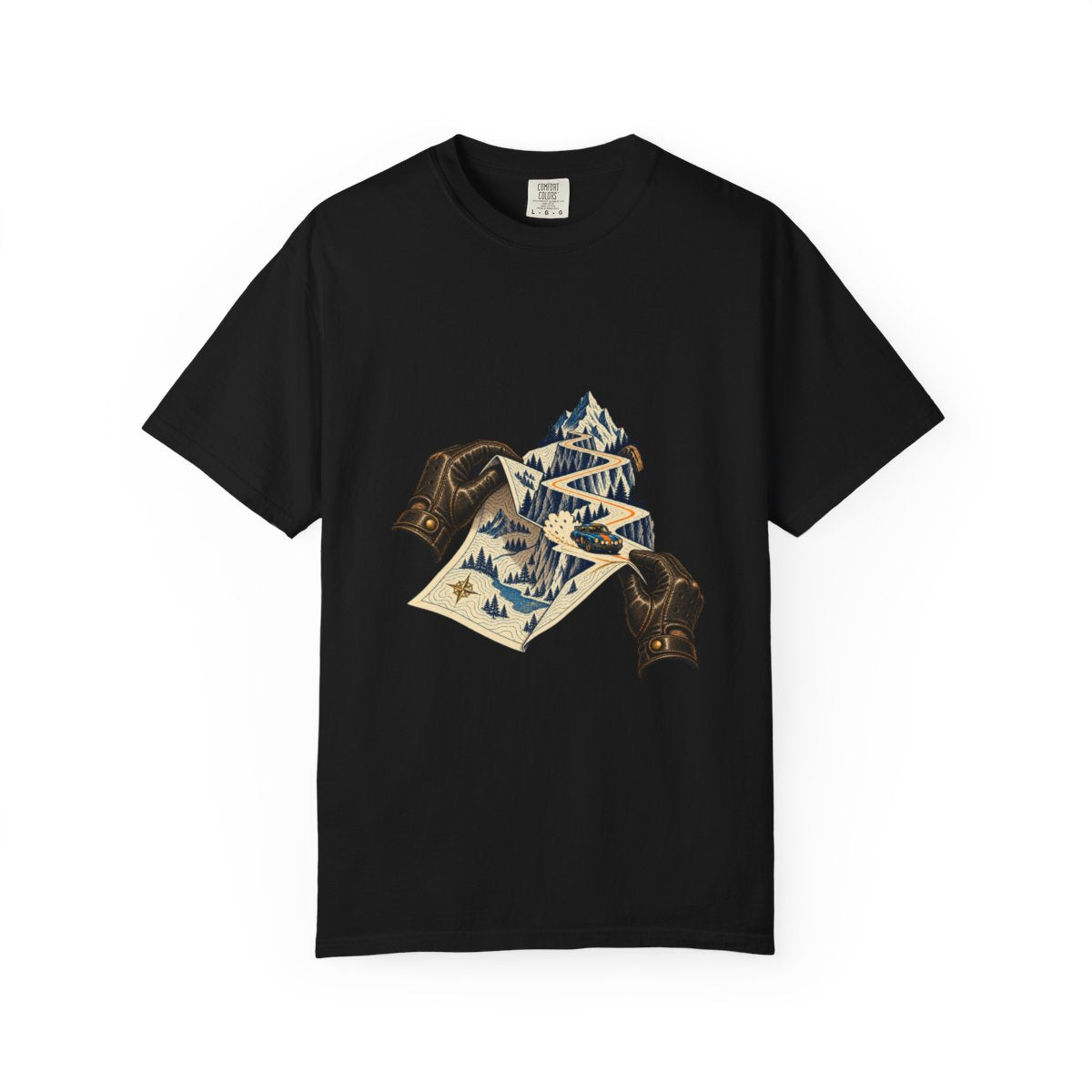 Navigator Tee large front print on a Black Comfort Colors 1717 tee