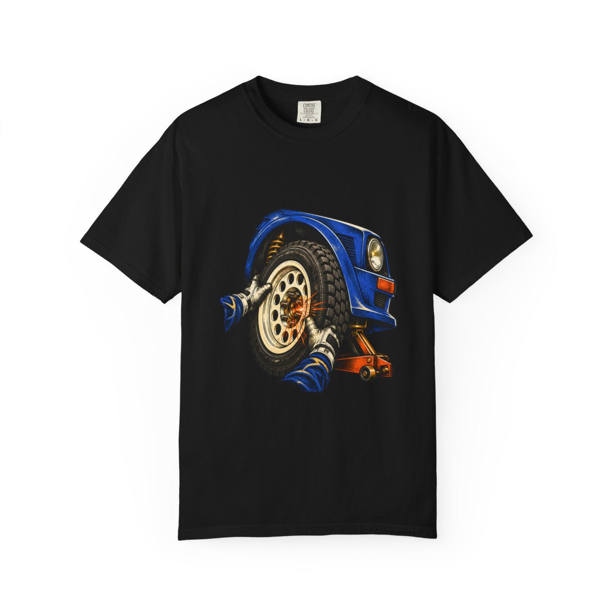 Pit Spark Tee large front print on a Black Comfort Colors 1717 tee