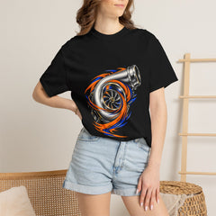 Turbo Surge Tee worn Printify context view on a Black Comfort Colors 1717 tee