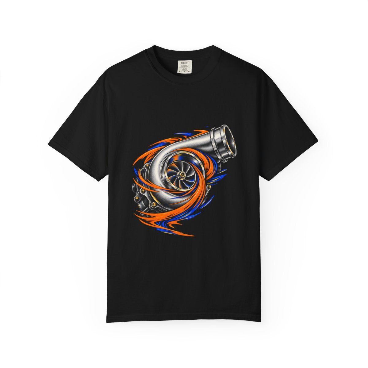 Turbo Surge Tee large front print on a Black Comfort Colors 1717 tee