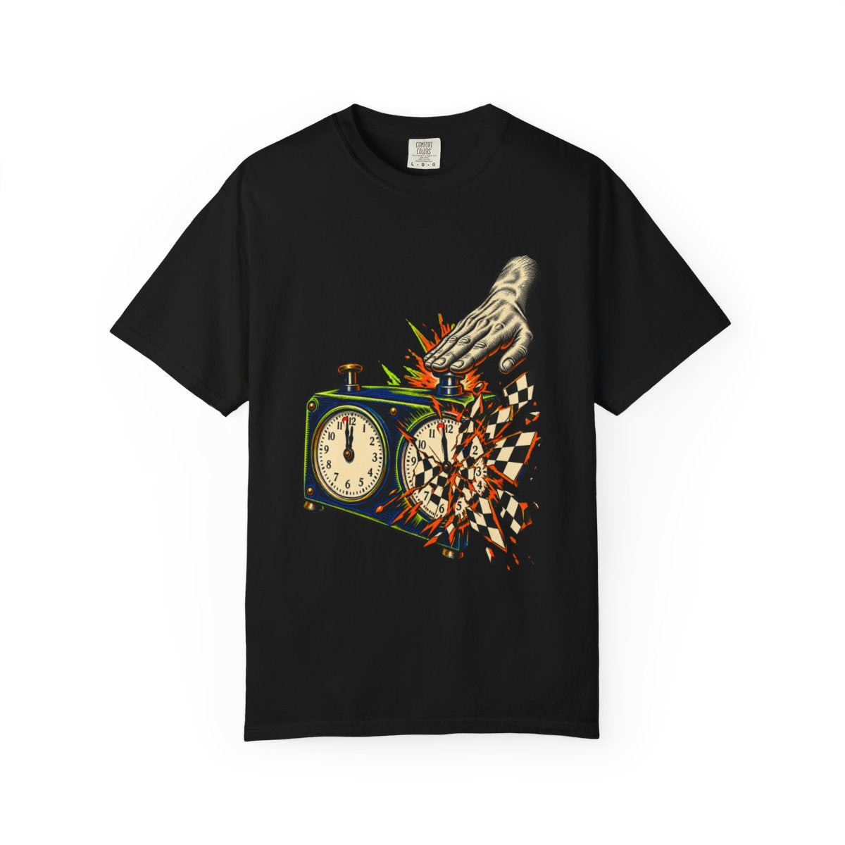 Clock Crush Tee large front print on a Black Comfort Colors 1717 tee