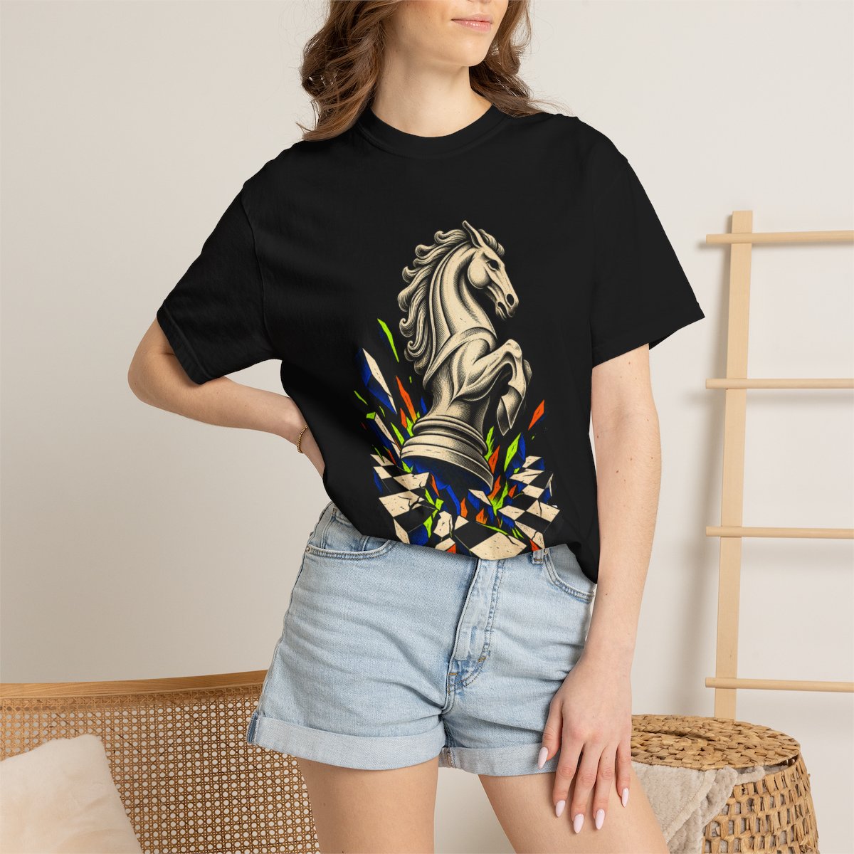 Knight Leap Tee worn Printify context view on a Black Comfort Colors 1717 tee