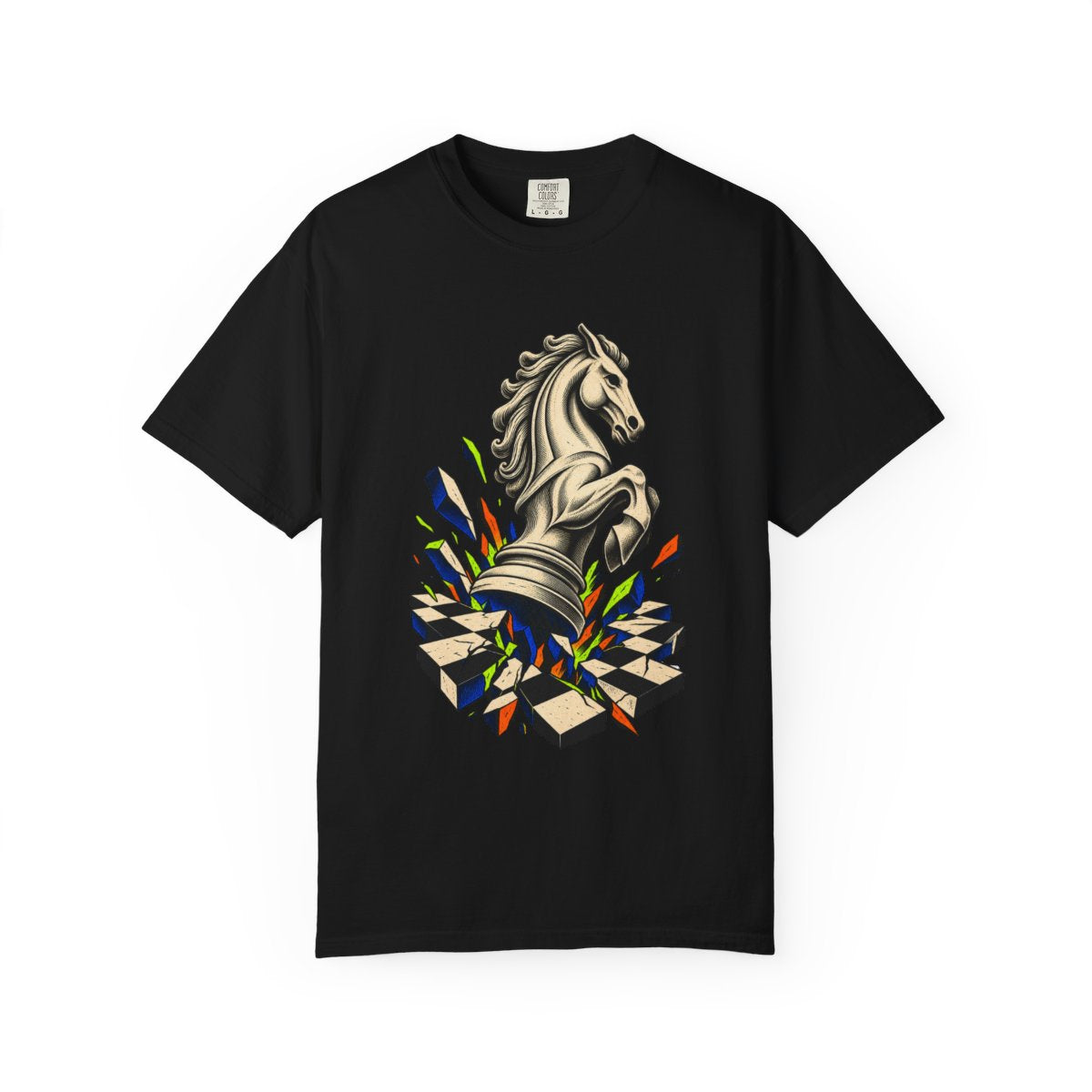 Knight Leap Tee large front print on a Black Comfort Colors 1717 tee