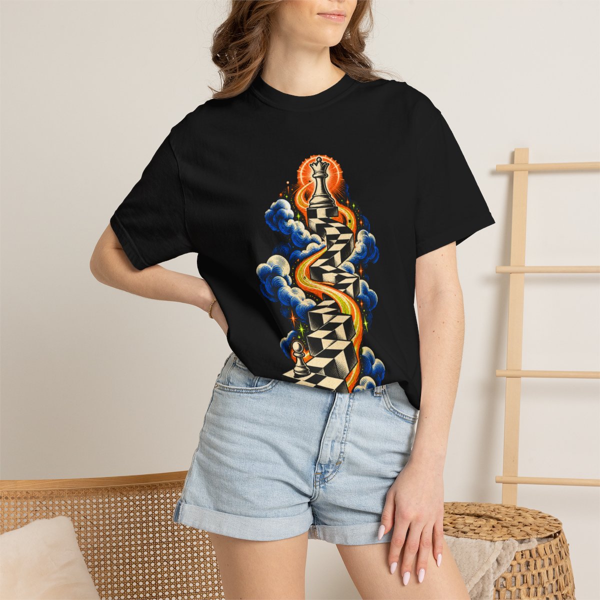 Pawn Ascends Tee worn Printify context view on a Black Comfort Colors 1717 tee
