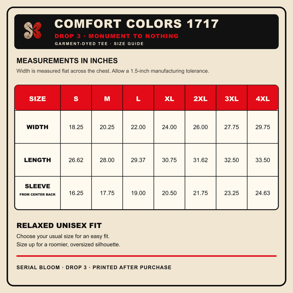 Drop 3 Monument to Nothing Comfort Colors 1717 size guide with Black tee measurements from S through 4XL.