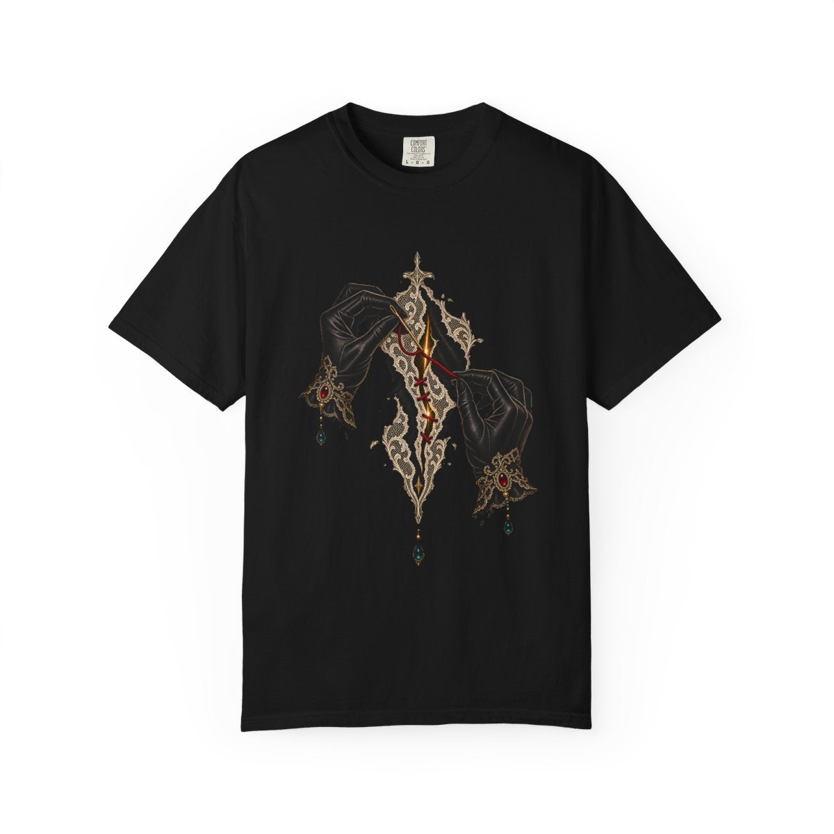 Last Stitch Tee large front print on a Black Comfort Colors 1717 tee