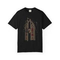 Needle Door Tee large front print on a Black Comfort Colors 1717 tee