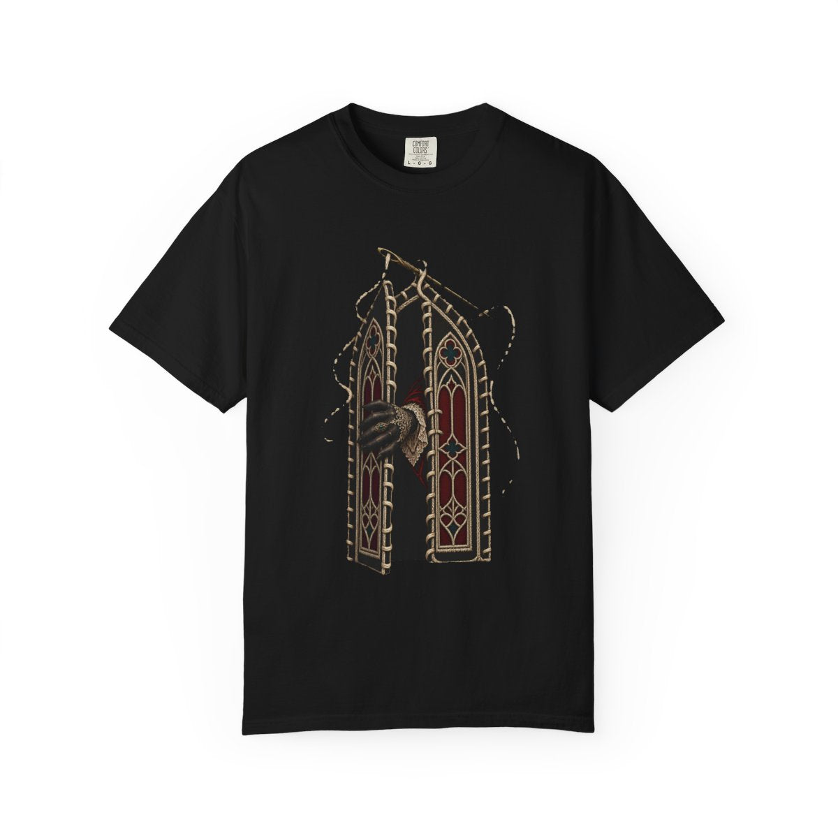 Needle Door Tee large front print on a Black Comfort Colors 1717 tee