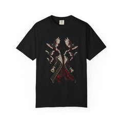 Raven Coat Tee large front print on a Black Comfort Colors 1717 tee