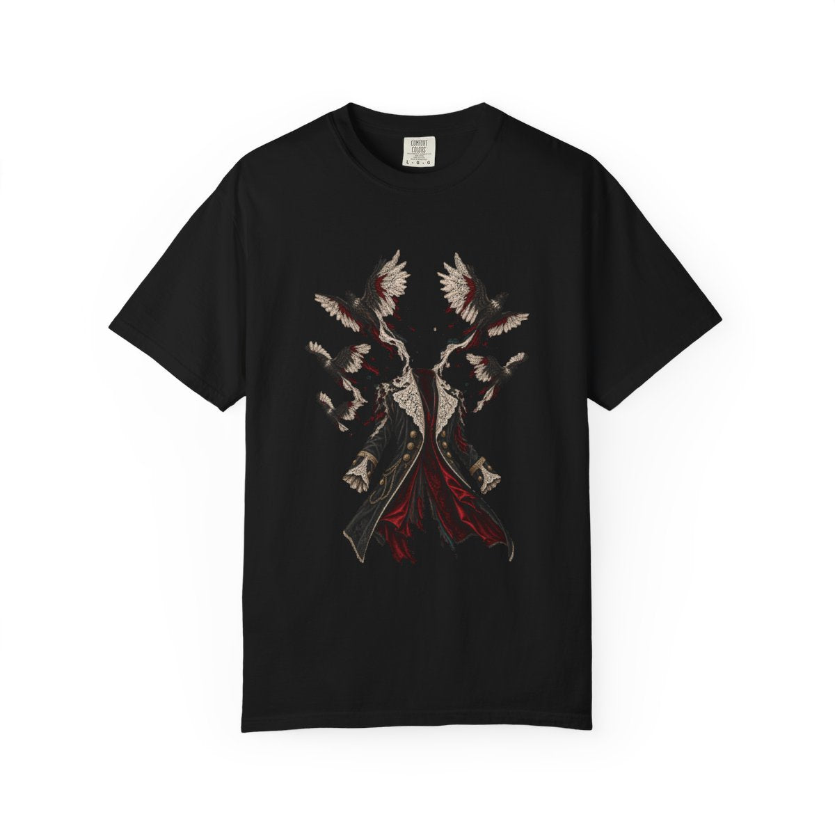 Raven Coat Tee large front print on a Black Comfort Colors 1717 tee