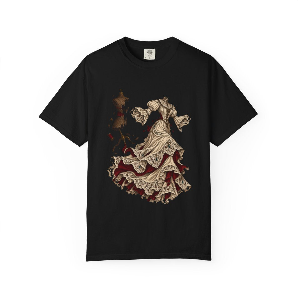 Runaway Gown Tee large front print on a Black Comfort Colors 1717 tee