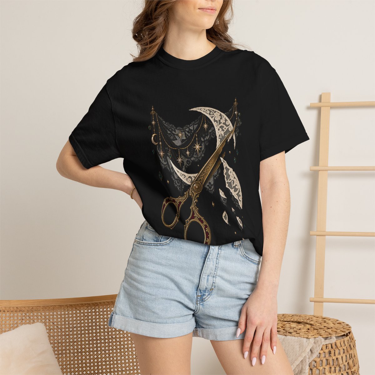 Shear Moon Tee worn Printify context view on a Black Comfort Colors 1717 tee