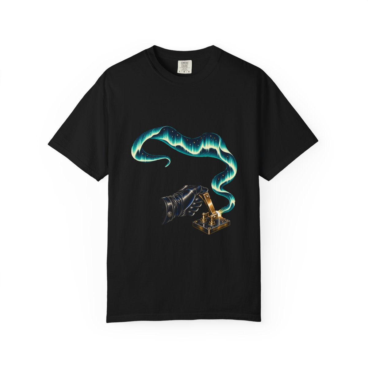 Aurora Switch Tee large front print on a Black Comfort Colors 1717 tee