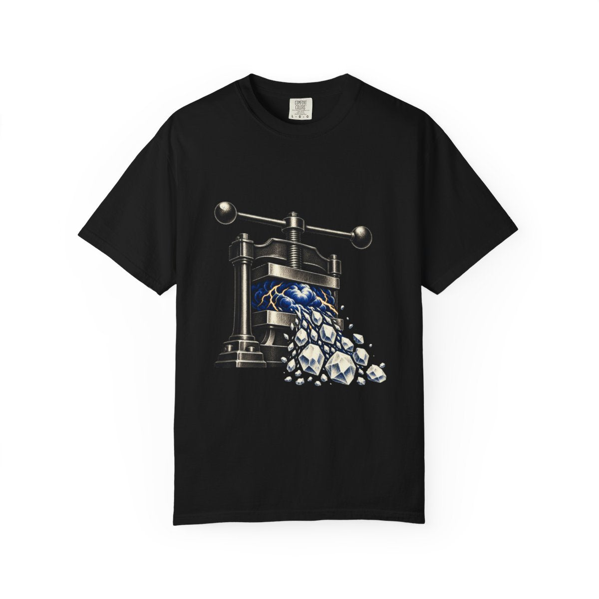 Hail Press Tee large front print on a Black Comfort Colors 1717 tee