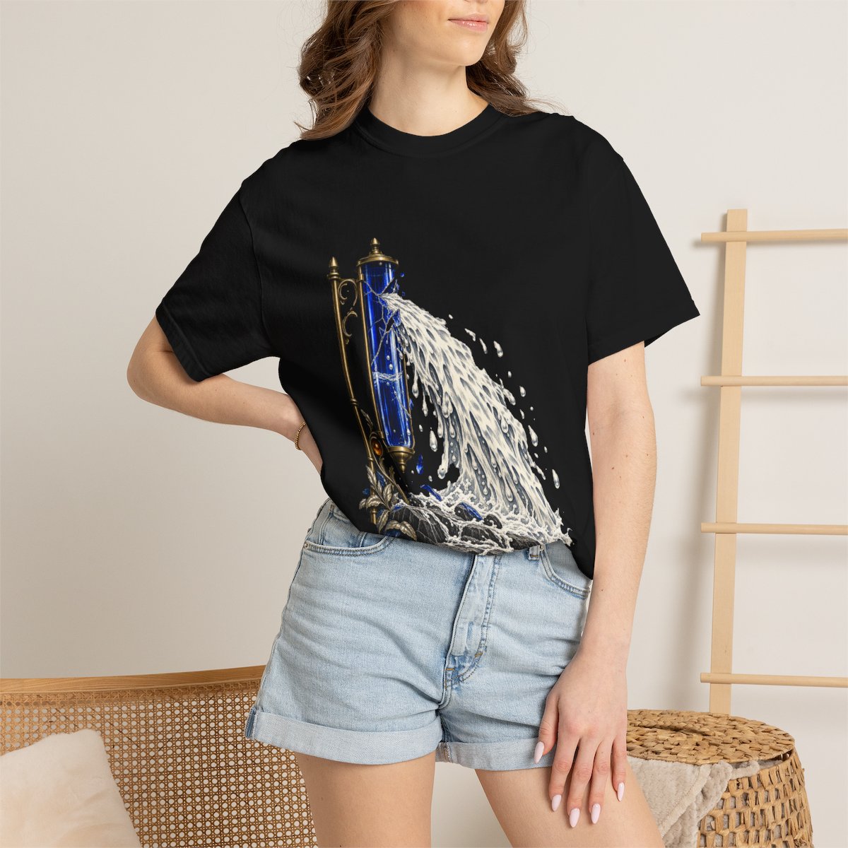 Rain Gauge Tee worn Printify context view on a Black Comfort Colors 1717 tee