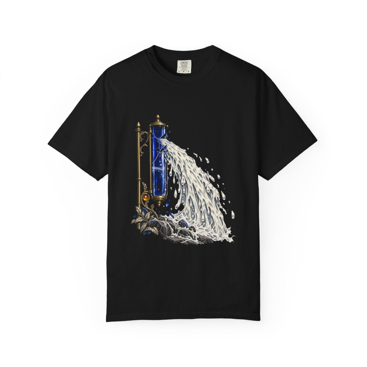 Rain Gauge Tee large front print on a Black Comfort Colors 1717 tee
