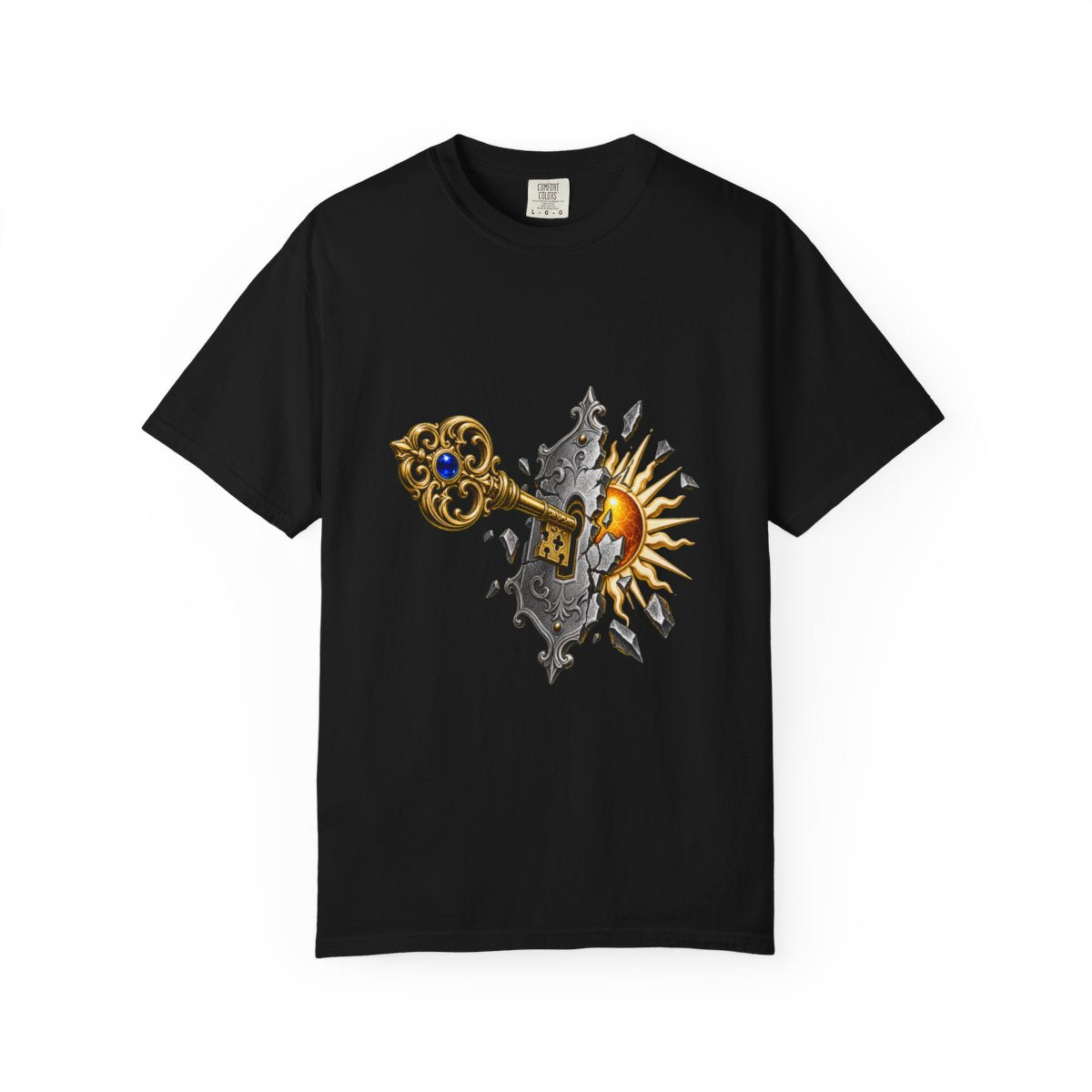 Unlock the Sun Tee large front print on a Black Comfort Colors 1717 tee