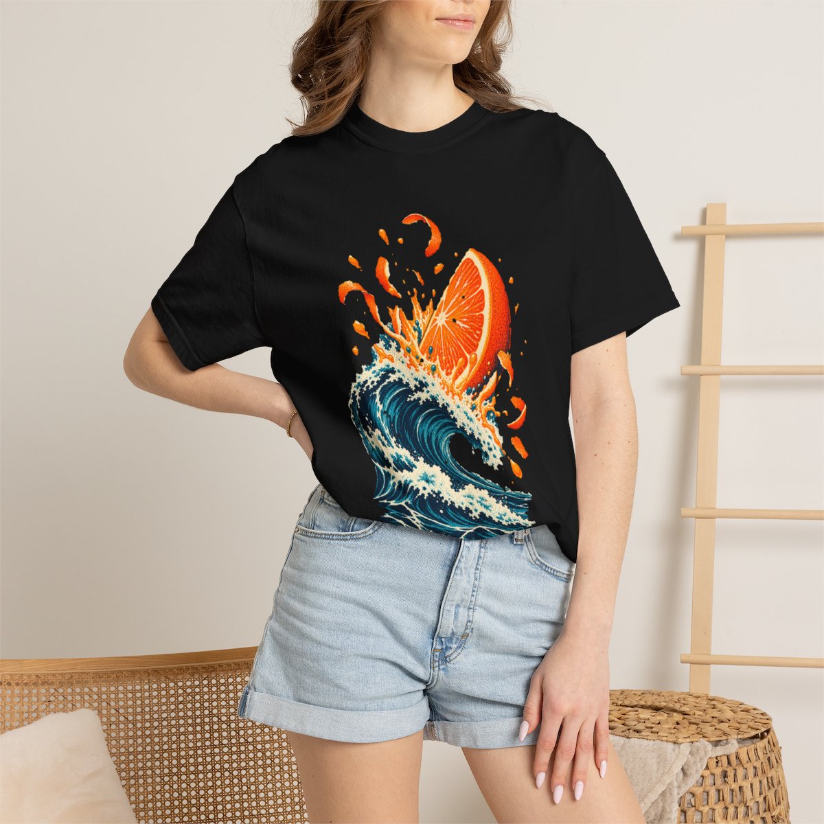 Citrus Crash Tee worn Printify context view on a Black Comfort Colors 1717 tee