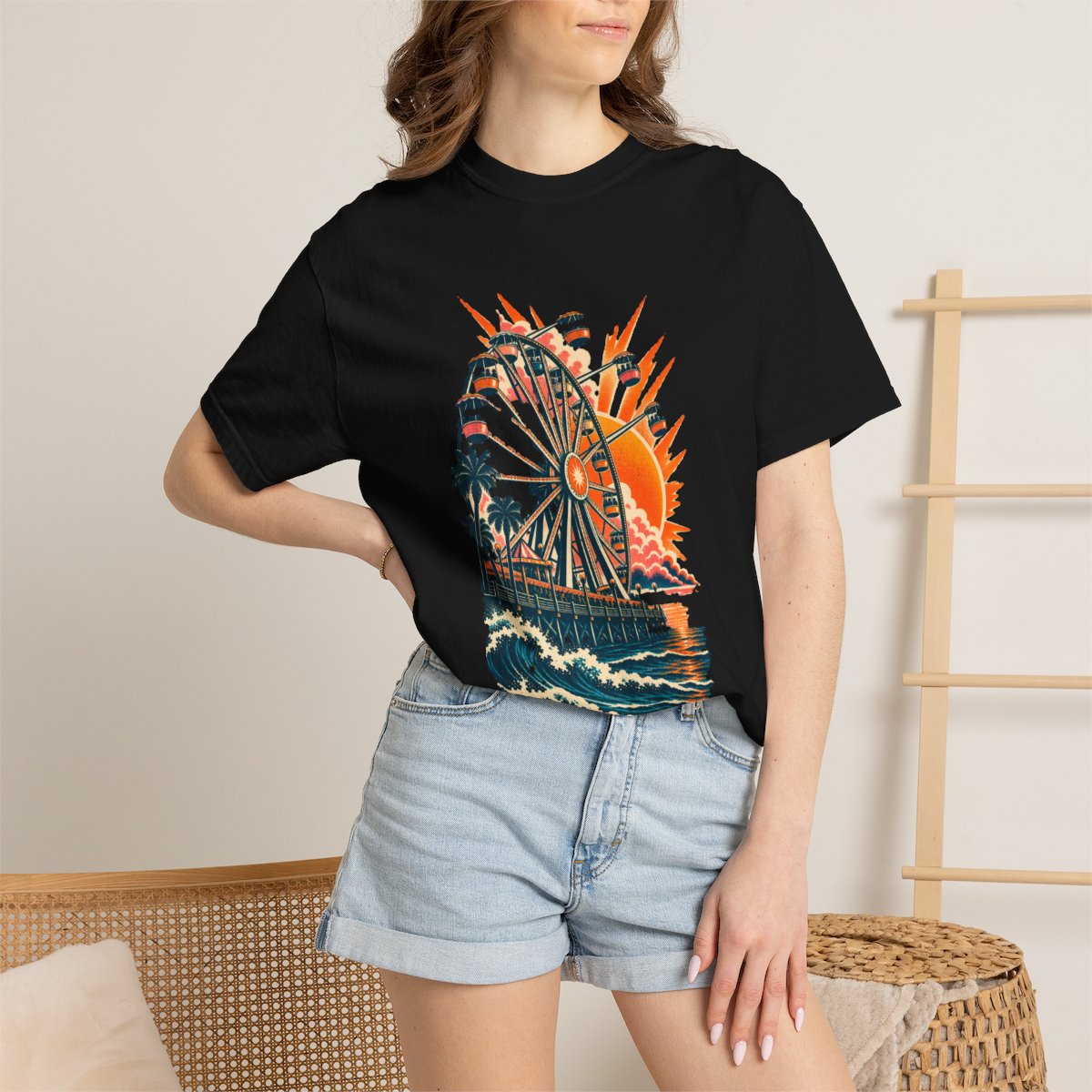 Ferris Flare Tee worn Printify context view on a Black Comfort Colors 1717 tee