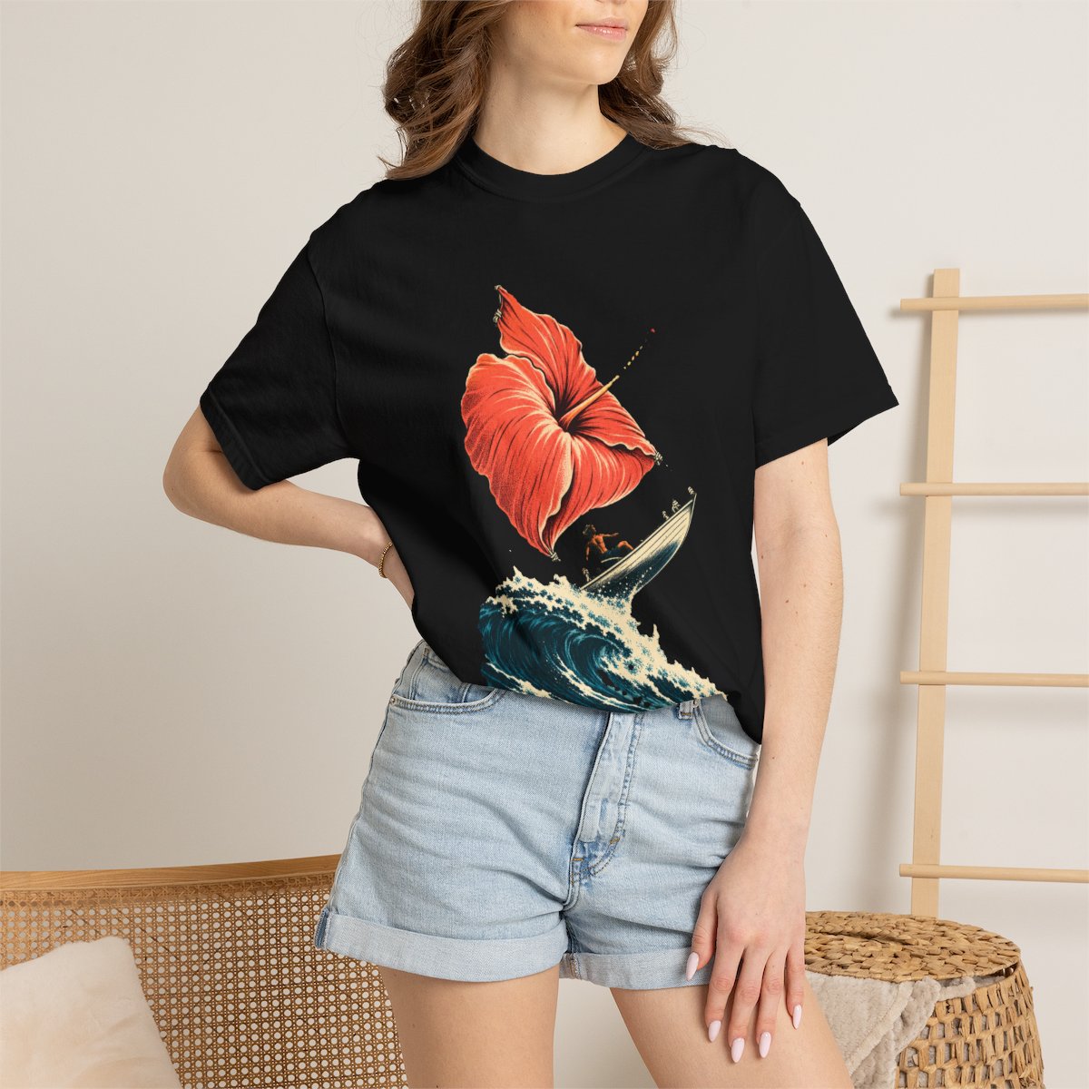 Hibiscus Flight Tee worn Printify context view on a Black Comfort Colors 1717 tee