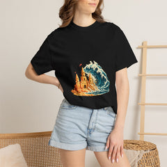 Sandcastle Siege Tee worn Printify context view on a Black Comfort Colors 1717 tee
