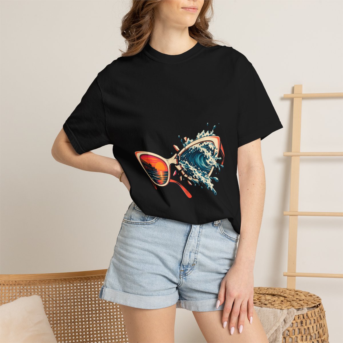 Sunglass Surf Tee worn Printify context view on a Black Comfort Colors 1717 tee