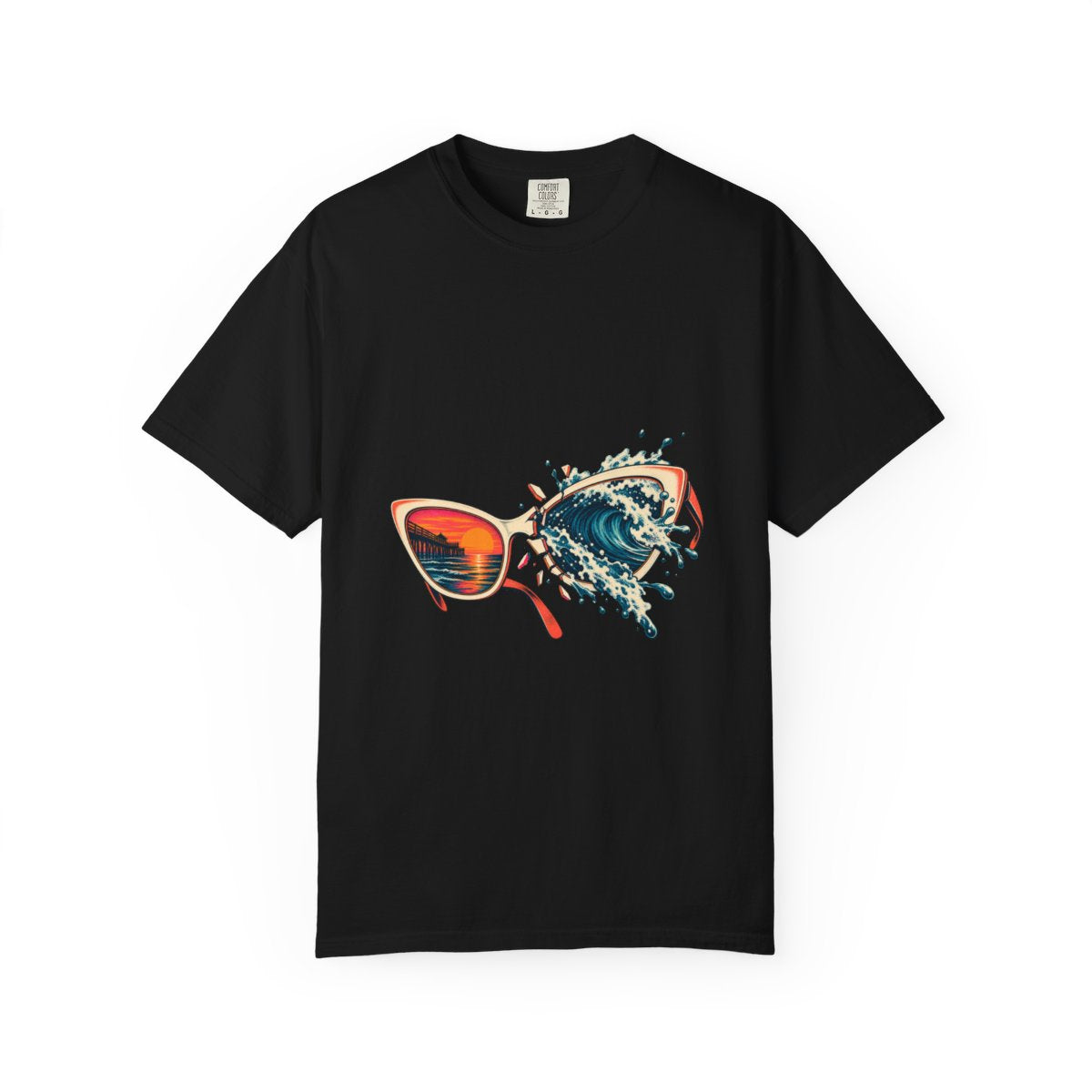 Sunglass Surf Tee large front print on a Black Comfort Colors 1717 tee