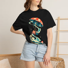 Umbrella Lift Tee worn Printify context view on a Black Comfort Colors 1717 tee